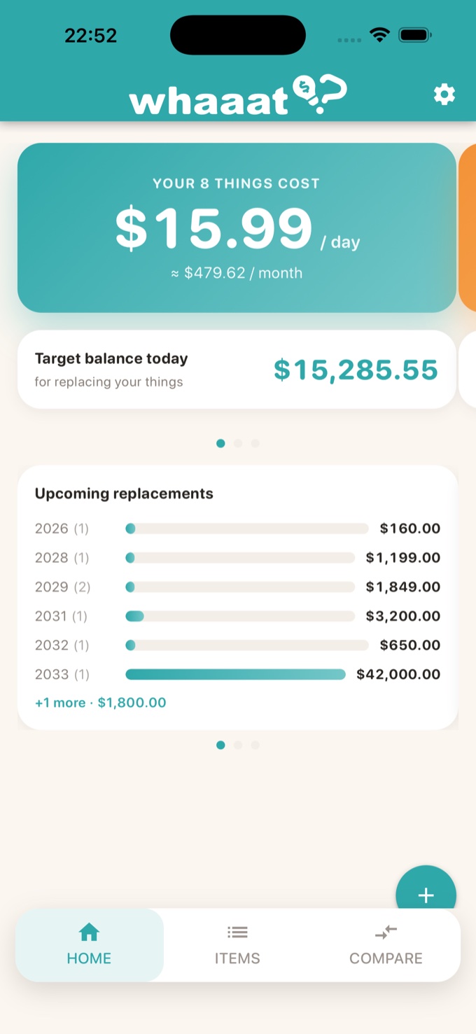 whaaat home screen showing cost per day and target balance